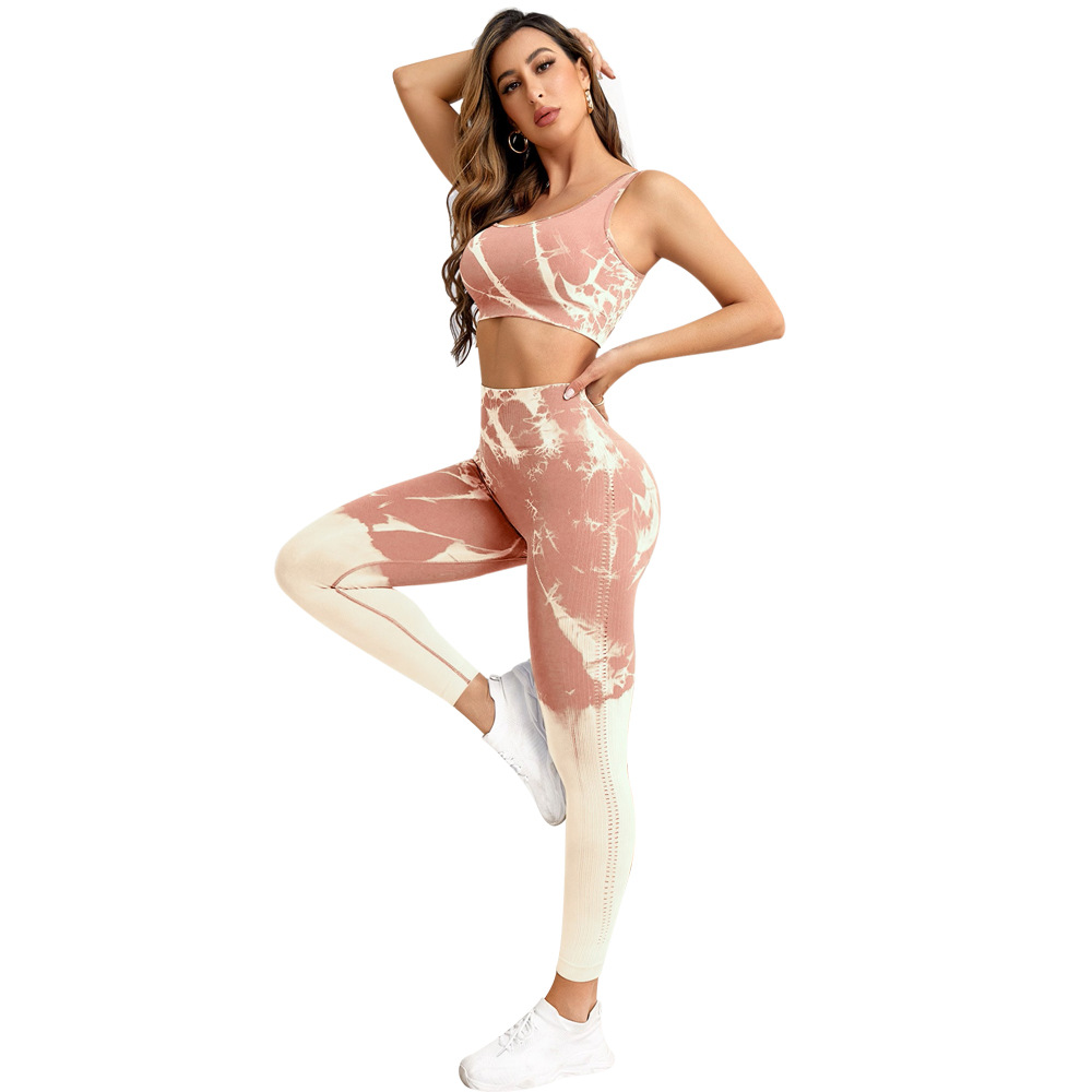 Nuevo Conjunto de sujetador de fitness transfronterizo teñido con lazo hueco recortado gradiente de cintura alta melocotón pantalones de levantamiento de cadera yoga conjunto de deportes