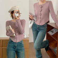 实拍 秋冬季韩版圆领立体玫瑰花朵短款修身显瘦波浪边长袖针织衫