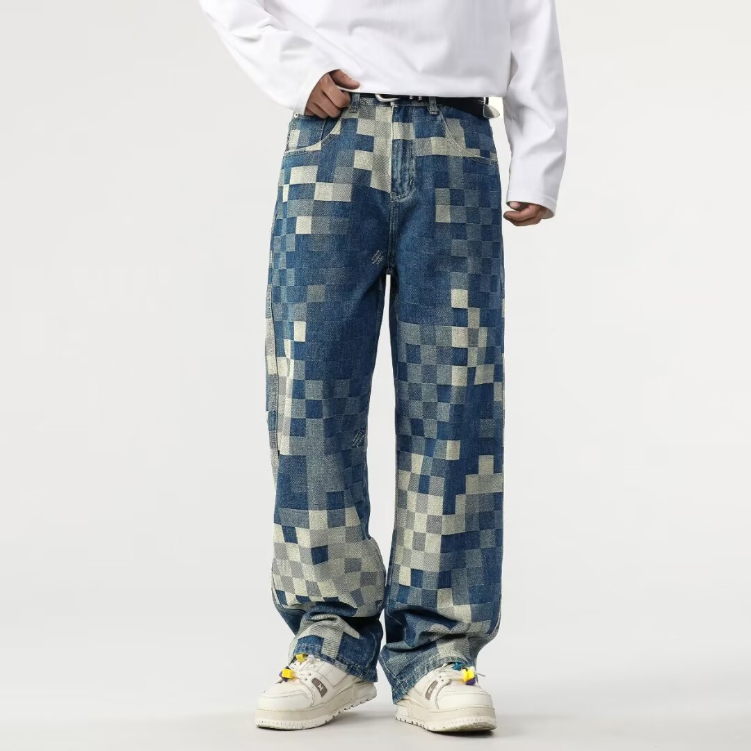 Abbigliamento maschile Jeans a scacchiera a mosaico da uomo Pantaloni lunghi autunnali dritti larghi da strada larghi con personalità_voghion.com