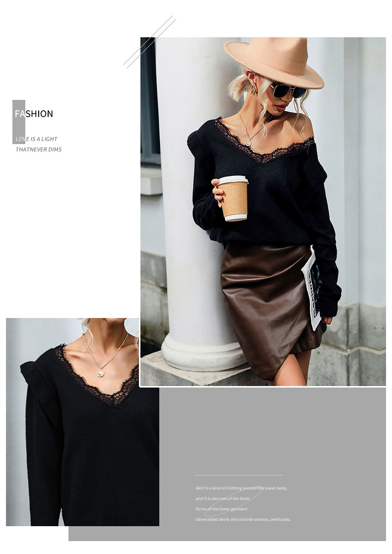 Pullover maglione a maniche lunghe patchwork in pizzo nero con scollo a V_voghion.com