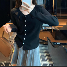 荷叶边学院风温柔娃娃领针织开衫女早秋季新款小个子修身减龄上衣