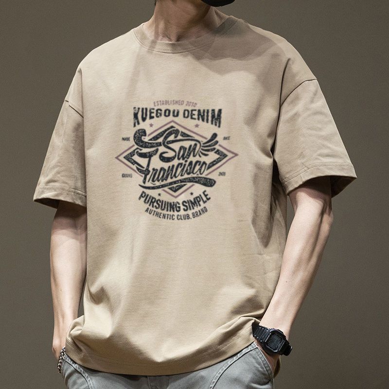 Camiseta de moda nacional blanca manga corta de los hombres media manga suelta impresa retro cuello redondo carta más tamaño americano pesado ins