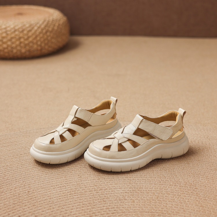 Sandal nữ đế dày da cừu phối quai ngang phong cách học đường — màu đen, màu trắng ngà chi tiết 80