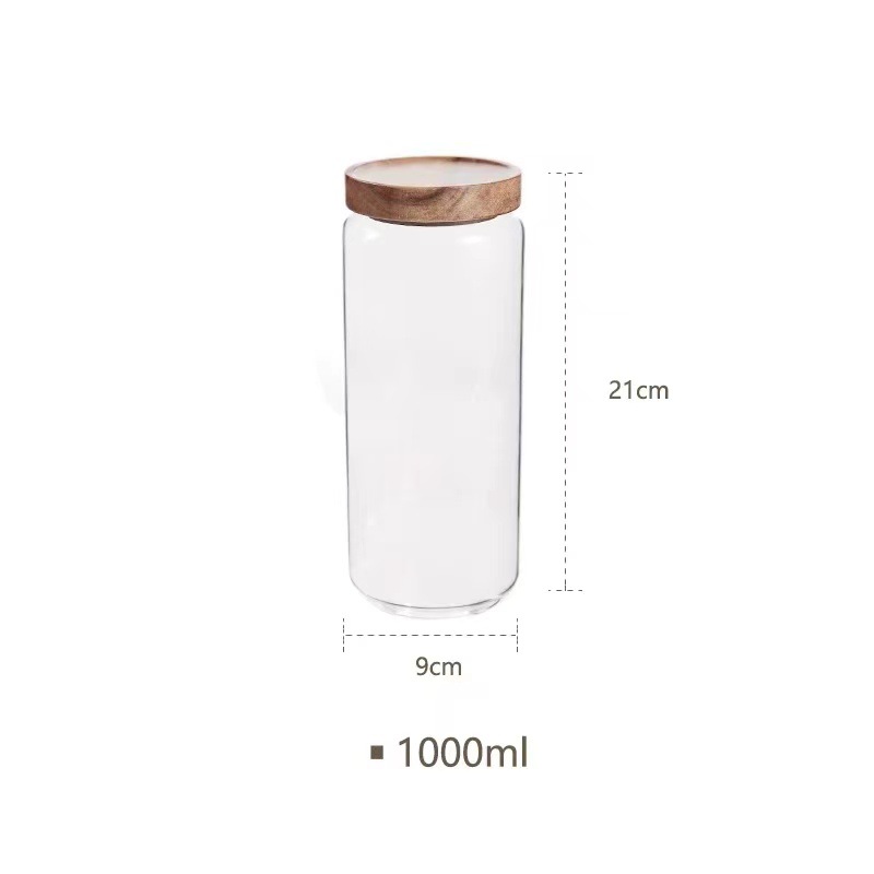 Frasco de almacenamiento de vidrio de borosilicato resistente al calor con tapa de madera de acacia, contenedor de almacenamiento para dulces y granos, frasco de vidrio sellado con tapa de rosca.