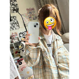美式复古Polo领格子衬衫女夏季宽松国潮牌高街设计感防晒长袖外套