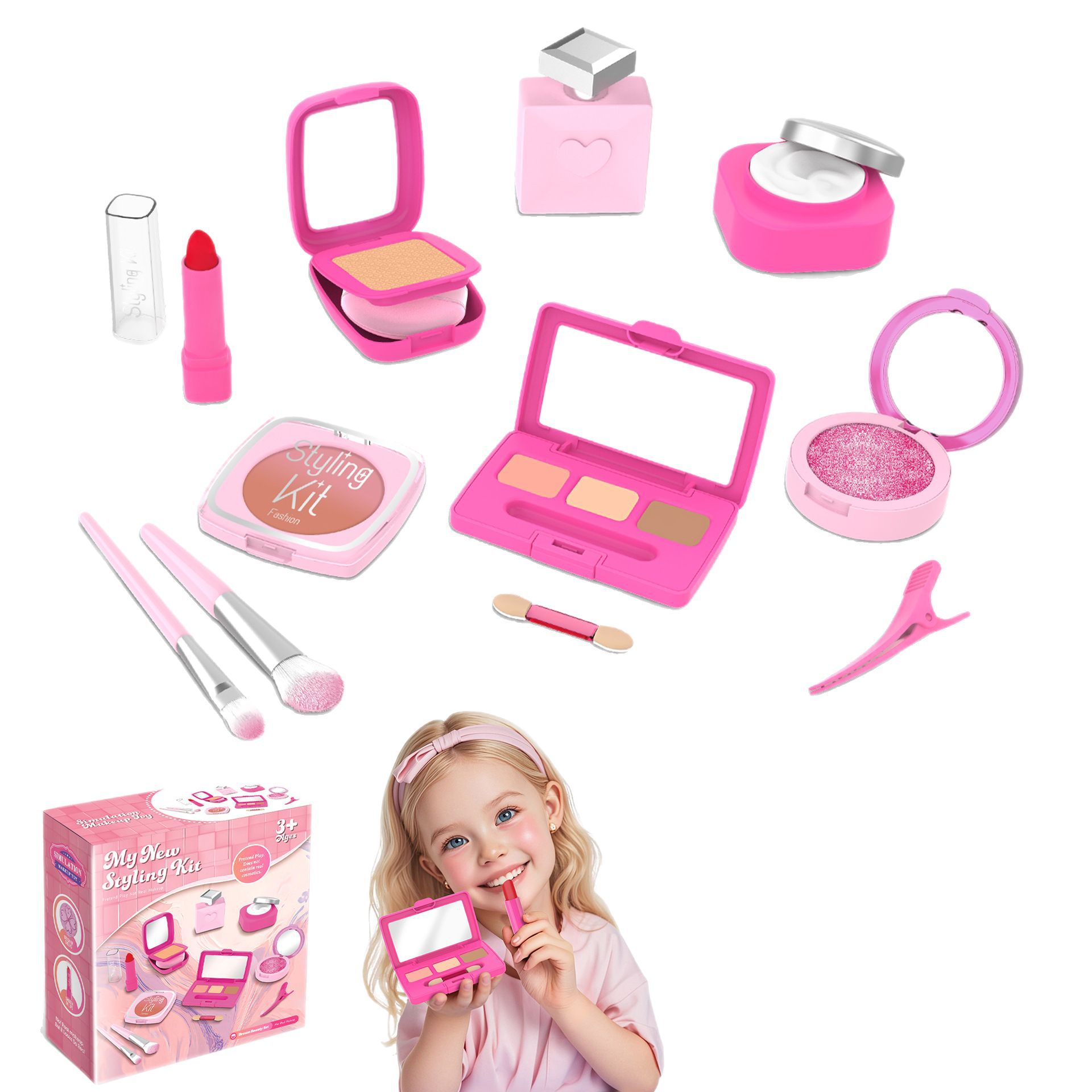 Mother & Kids Non-Toxic Pretend Makeup Toy Set Safe & Fun Role Play Cosmetics Kit With Colorless Blush & Mirror (Pink/Black/Blue/Purple, 17-Piece)_voghion.com
