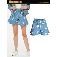 欧美春装高腰显瘦星星印花荷叶边阔腿裤短裤A字鱼尾短裙裤
