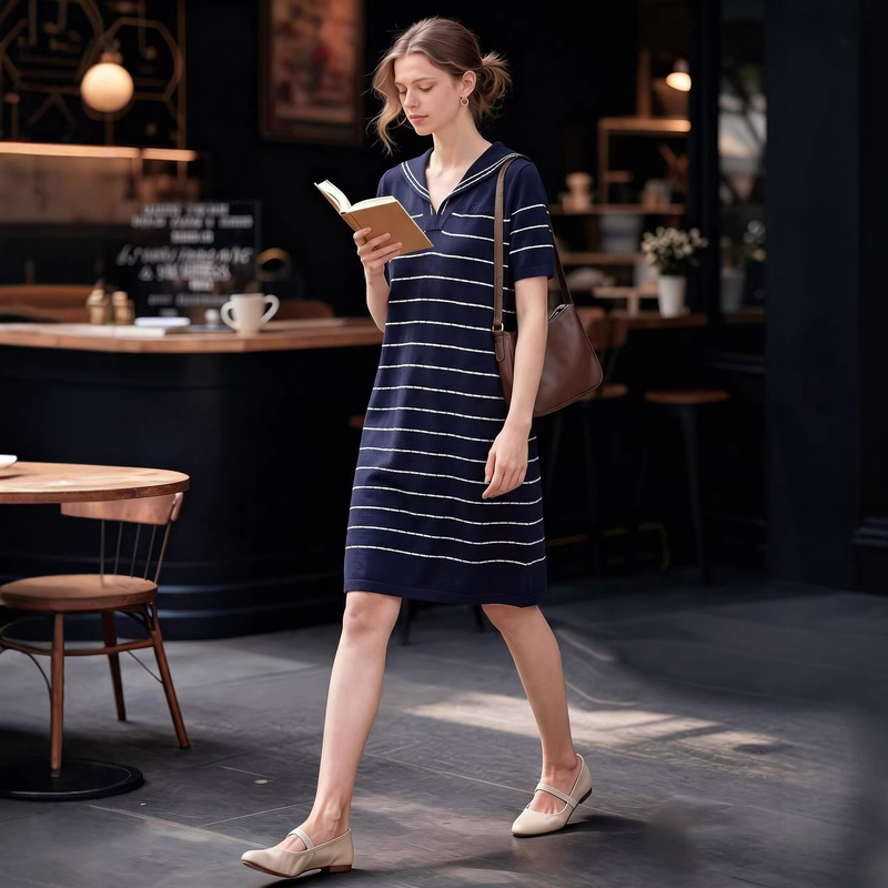 2026 Summer New Retro V-Neck Navy Blue Striped Loose Slimming Elegant Style Knit Dress