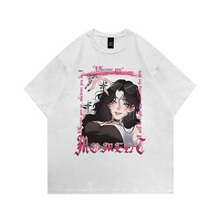 Dark TKPA Dark Chinese Y2K Cartoon Couple Short Sleeve T-shirts for Men and Women, American Street Washed and Distressed Half-Sleeve Tees