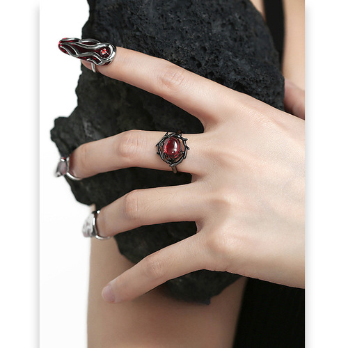 Pomegranate Red Ring Original Design Dark Style Trendy Cool Black Alloy Versatile Exquisite Open Finger Ring Tail Ring