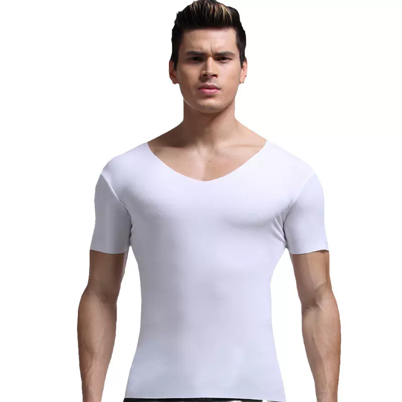 男士紧身半袖体恤薄款纯色舒适男士无痕短袖t恤大v领打底修身内衣
