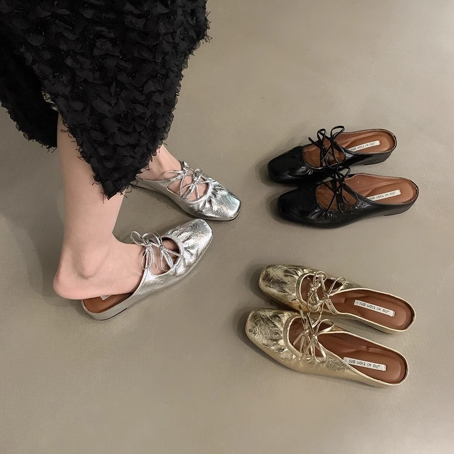 Inner realce bowknot plateado puntera medio arrastre zapatos de mujer moda exterior 2025 nuevas sandalias Mary Jane de verano