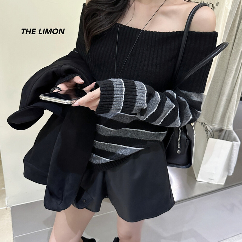 the limon柠檬绿茶2025秋季一字肩条纹撞色针织衫女显瘦毛衣上衣|undefined