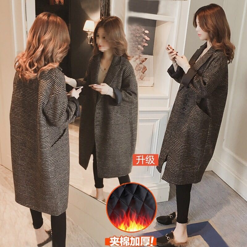 Cotton Autumn and Winter Suit Collar Cocoon Woolen Outwear Korean Style Houndstooth Mid-Length Women's Loose Woolen Outwear Trendy