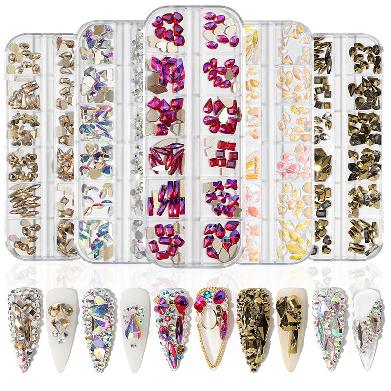 Joyería de uñas 12 rejilla mixta K9 plana en forma especial Temperatura de diamante Elf color mágico especial en forma de diamantes de imitación joyería de uñas al por mayor