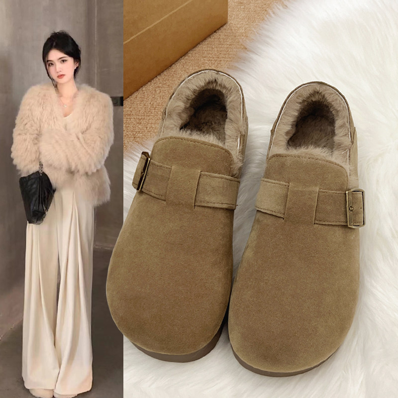 Fleece-lined full-cover vintage Birkenstock shoes for women, winter 2026 new model slip-on loafers, furry cotton shoes, warm snow boots Fleece-lined full-cover vintage Birkenstock shoes for women, winter 2026 new model slip-on loafers, furry cotton shoes, warm snow boots
