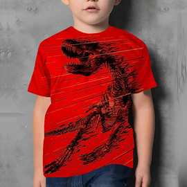 跨境虾皮TEMU夏季恐龙图案3D印花T恤 男童圆领短袖休闲上衣