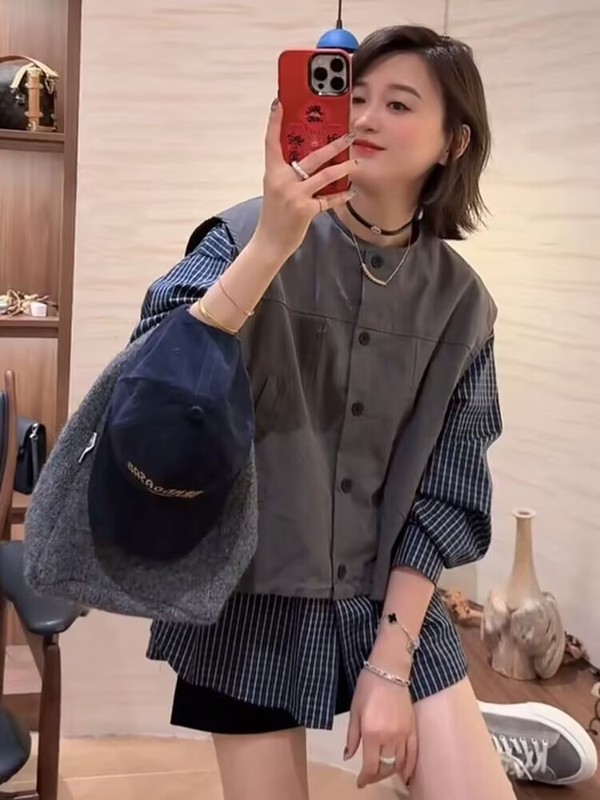 高端韩版设计感假两件衬衫女25秋新条纹拼接开衫宽松显瘦百搭上衣|undefined