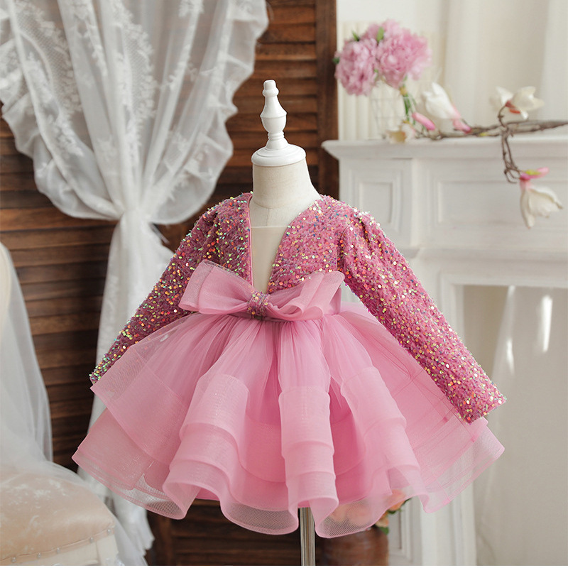Amazon Children's Dress Party Show Light Luxury Performance Clothing Puffy Yarn Long Sleeve Sequin Girl Princess Dress in stock