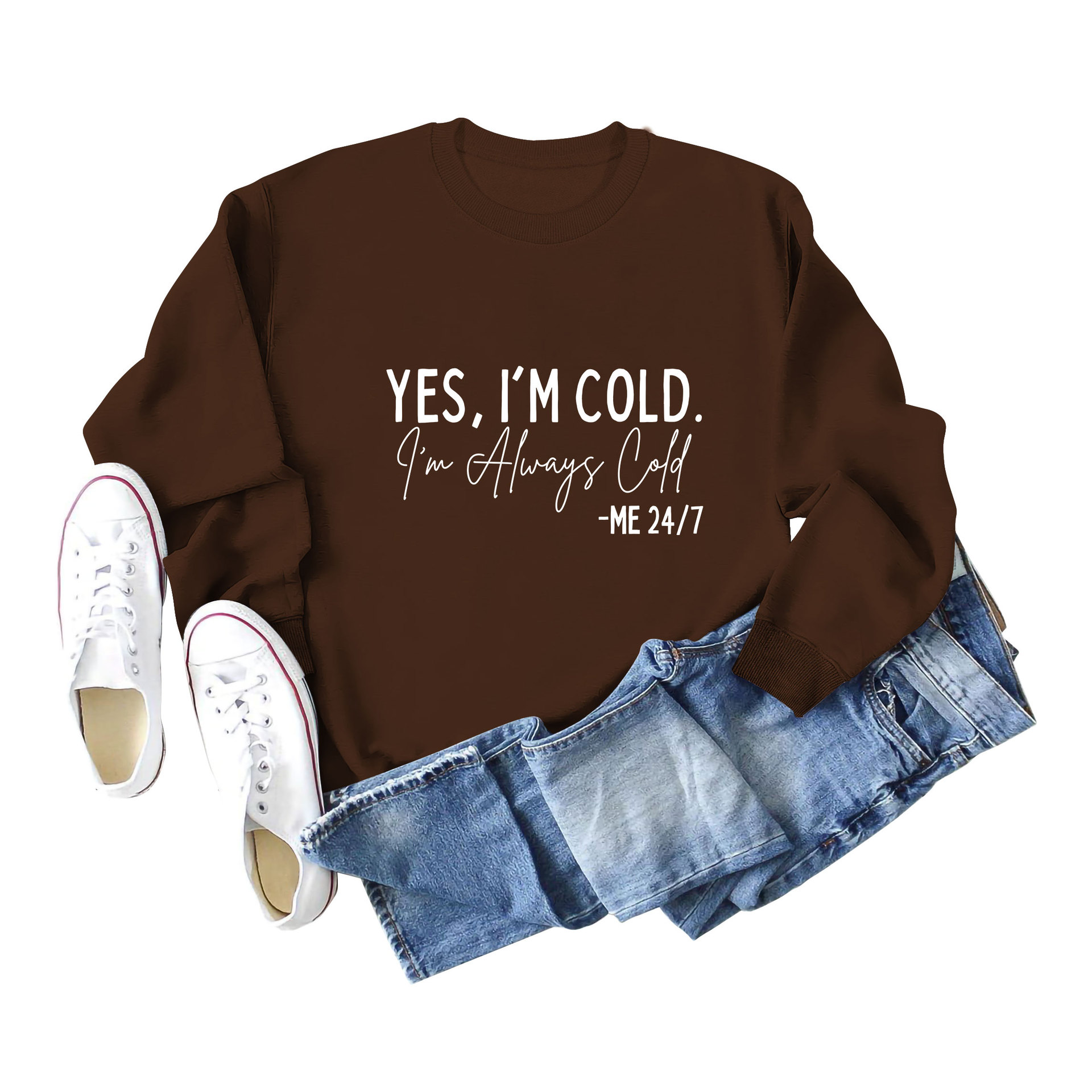 Amazon Transbordador YES I'M COLD I'm Always Cold Suéter con estampado minimalista Cuello redondo Top Mujer