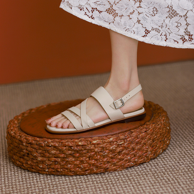 Sandal nữ quai ngang mảnh hở mũi đế bệt phong cách La Mã — Màu be chi tiết 15