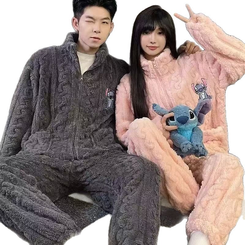 Invierno nuevo pijama de pareja de franela para mujeres lindas dibujos animados dulces ociosos simple color sólido ropa casera set hombre