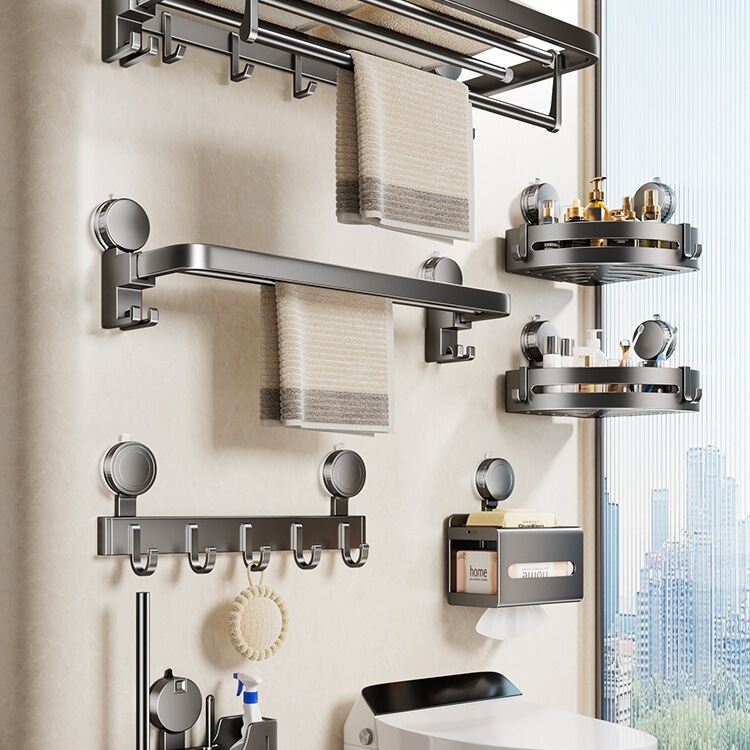 Suction Cup Towel Rack Bathroom Punch-Free Bathroom Storage Rack Bath Towel Rack Integrated Hanging Rod Shower Room Toilet Kit