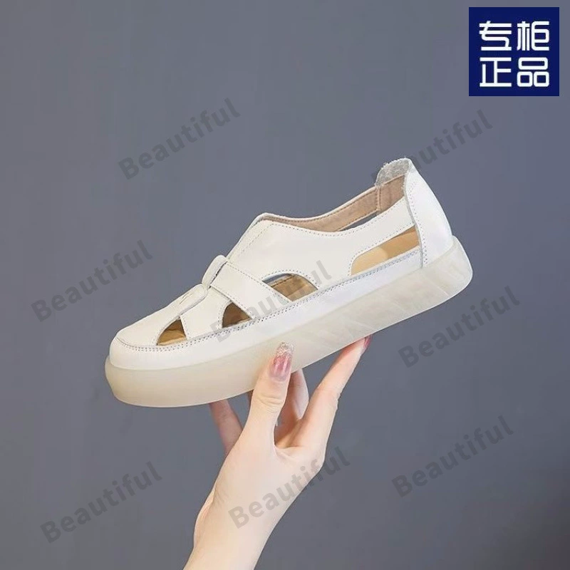 Кожаные плоские сабо для женщин лето 2025, повседневные мягкие римские сандалии на подошве из ткани, дышащие, с вырезами, для беременных