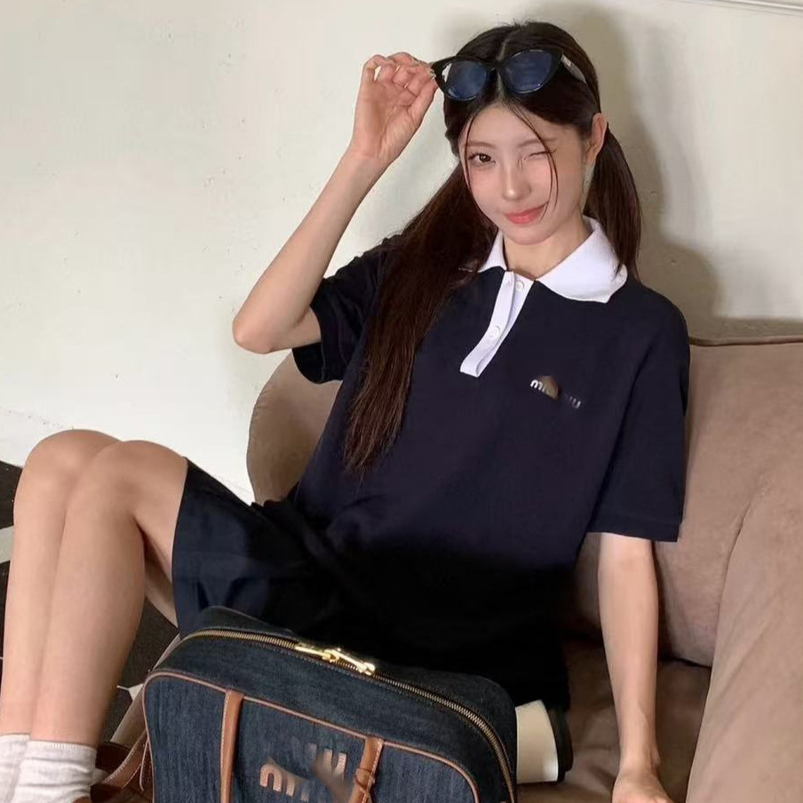 Miu style girl polo shirt, color-blocked short-sleeved high-quality summer youthful preppy style embroidered short-sleeved new style for girls.