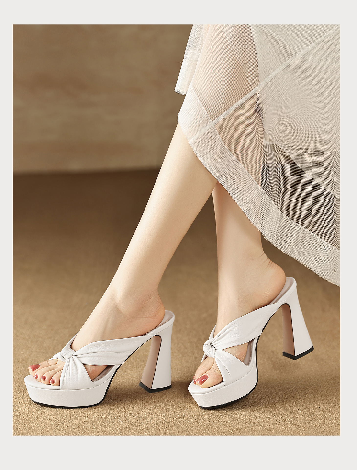 Sandal cao gót nữ mũi hở da cừu mềm, đế xuồng platform, gót vuông 8-10cm, nơ bướm — Hồng 8cm, Xanh da trời 10cm, Hồng 10cm, Trắng kem 8cm chi tiết 15