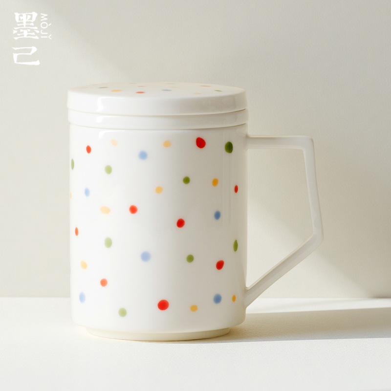 墨己陶瓷手绘波点泡茶杯家用带盖内胆过滤茶水分离马克杯个人专用|undefined