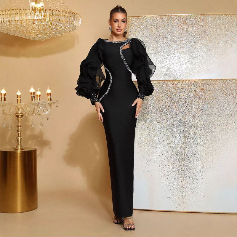 Sexy Rhinestone-Embellished, Beaded, Cut-Out, Ruffled Long-Sleeve Long Dress for Women, Bandage Dress, Elegant Party Evening Gown