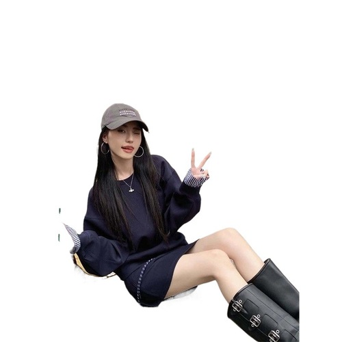 Women's Blue Denim Sweatshirt and Skirt Set, Autumn, Miu Style Fashion Casual Loose Fitting Slimming Elegant Outfit