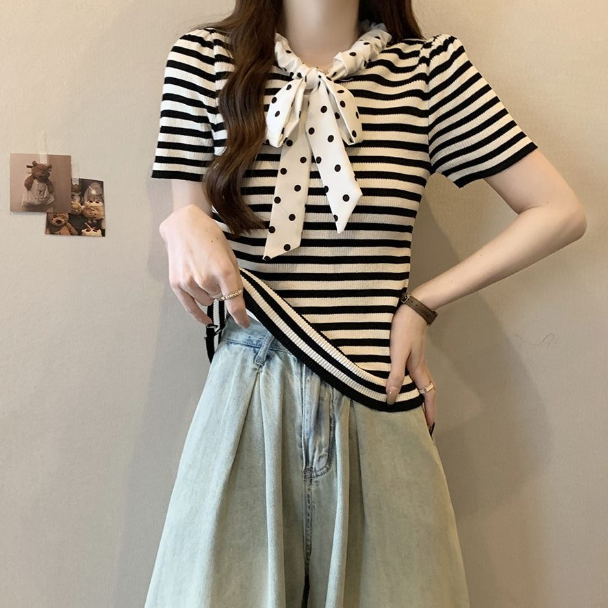 2024 neuer Sommer süßer Polka Dot-Pullover mit Kordelzug, kurzärmeliges Eisseide-Bauchbedeckung, kleines duftendes Streifenoberteil für_voghion.com
