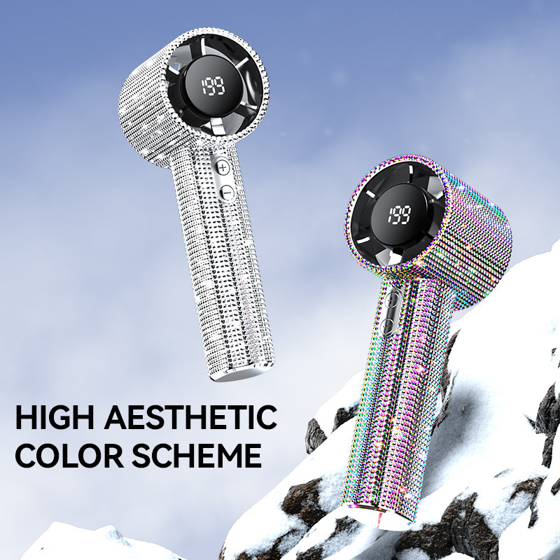 Cross-Border Popular S5 Diamond Handheld Small Fan 199-Speed Digital Display High-Speed Fan Outdoor Portable and Dazzling Cross-Border Popular S5 Diamond Handheld Small Fan 199-Speed Digital Display High-Speed Fan Outdoor Portable and Dazzling