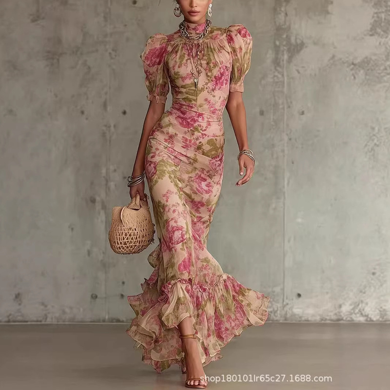 2026 Independent Site Amazon Spring/Summer New Printed Long Dress with Layered Chiffon Splicing Dress
