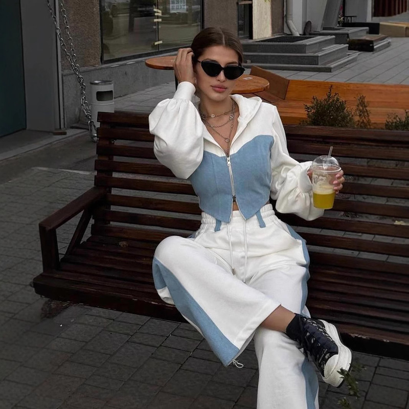 Amazon Cross-border European and American Style Fashion Casual Sweat suit Denim Splicing Hooded Top Pants Two-piece Set for Women