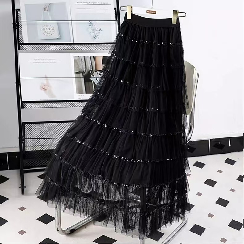 Sweet Sequin Mesh Splicing A-Line Cake Skirt for Women 2025 Spring and Summer New High-Waist Slim Mid-Length Skirt