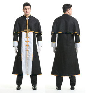 万圣节神父牧师服装成人男款教父长袍舞台扮演服化装舞会演出服饰-阿里巴巴