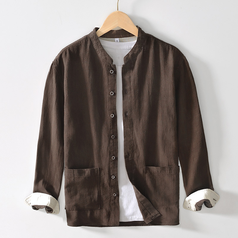 L083 Chinese style stand collar Ramie long sleeve shirt Breathable linen casual Chinese style shirt men's one-piece delivery