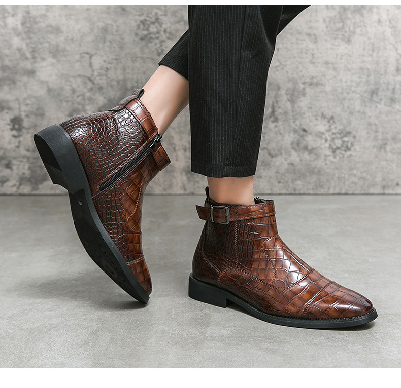 Men's Shoes Autumn And Winter Large Size Crocodile Pattern Short Boots Men's Business Solid Color Leather Boots Black High Top Leather_voghion.com