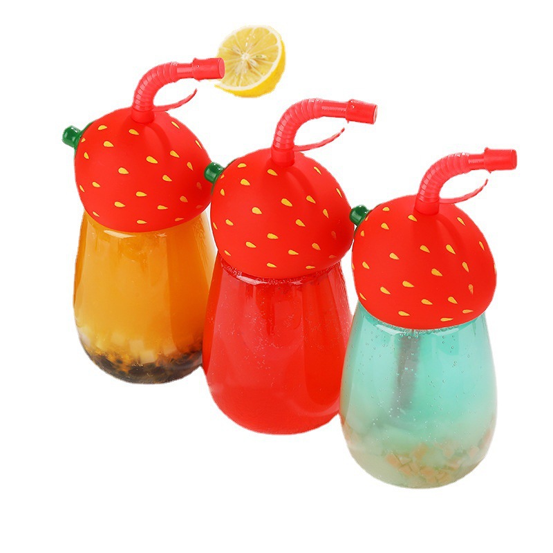 Tapa sellada en forma de fresa creativa, bebida transparente para barriga grande, taza de paja de PET de plástico para niños, botella de bebida de jugo