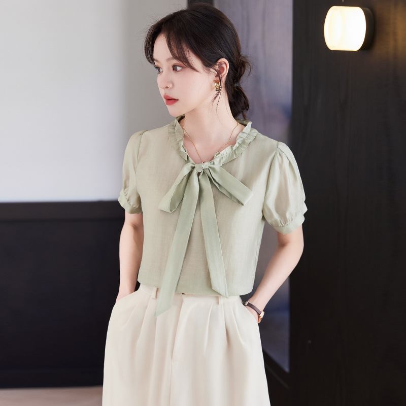 Green fashionable elegant summer shiffon professional shirt with bow…