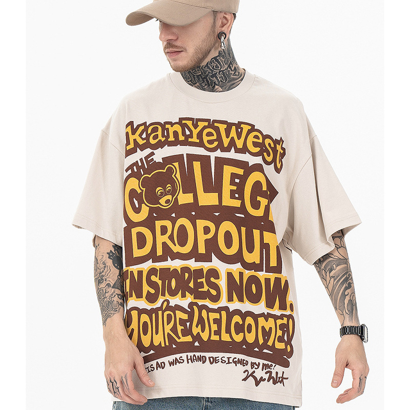 kanye侃爷美式嘻哈字母Hip Hop复古沙色宽松欧码T恤