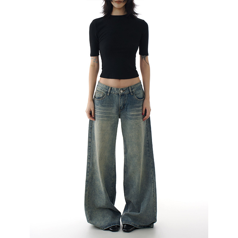 American retro washed creased wide-leg flared jeans for women, new low-waist slimming loose straight floor-length pants American retro washed creased wide-leg flared jeans for women, new low-waist slimming loose straight floor-length pants
