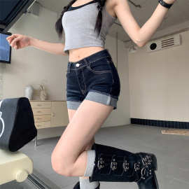 美式辣妹高腰性感超短裤热裤牛仔裤女夏季深蓝色设计感卷边短裤子