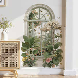 3D假窗植物背景墙可移除自粘墙贴亚马逊热销大树叶子墙贴画 69205