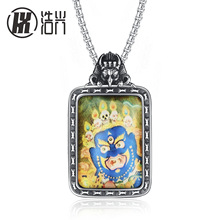 钛钢新品六臂玛哈嘎啦大黑天唐卡项坠尼泊尔彩绘佛牌不锈钢项链男