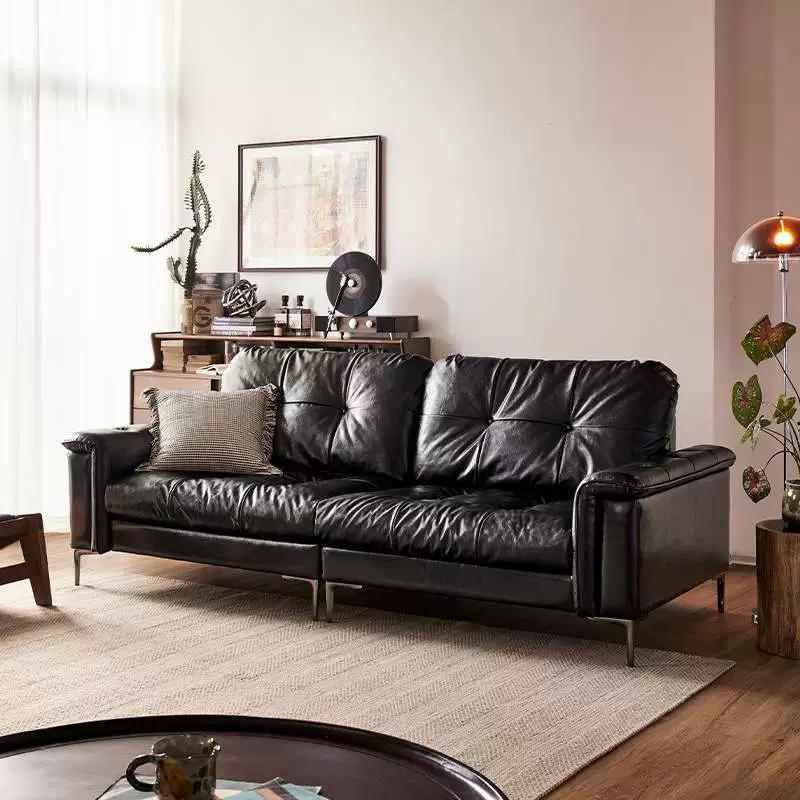 Nebula sofá sofá de cuero de piel de vaca de cera de aceite negro brillante respaldo alto pequeño apartamento retro estilo antiguo estilo Nanyang