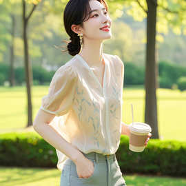 韩系chic别致漂亮配裙子的洋气小衫上衣轻熟法式小众衬衫短袖女夏